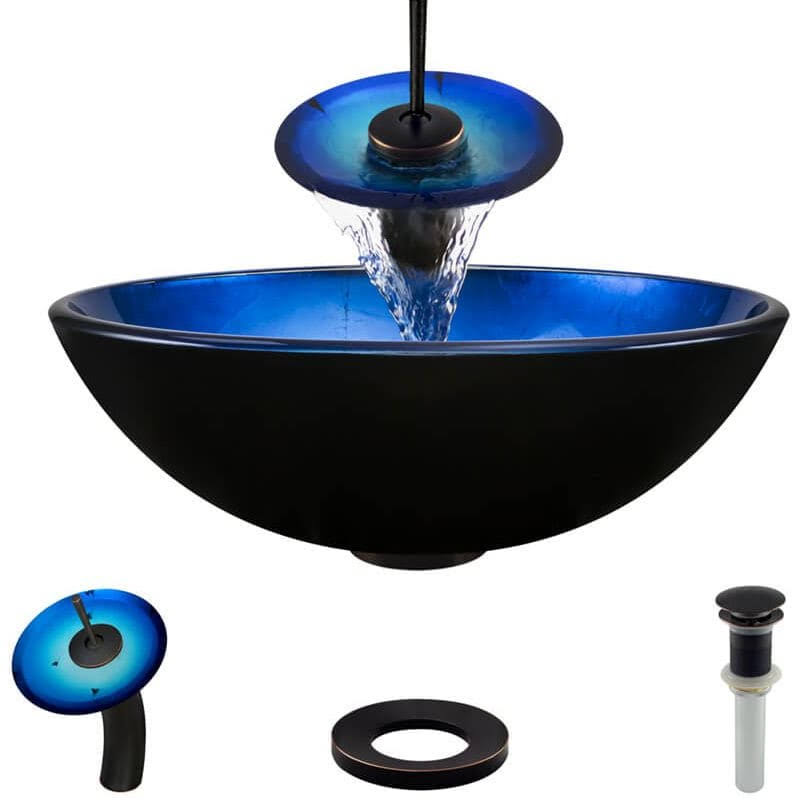 Foil Undertone Glass Vessel Sink with Antique Bronze Waterfall Faucet F56733