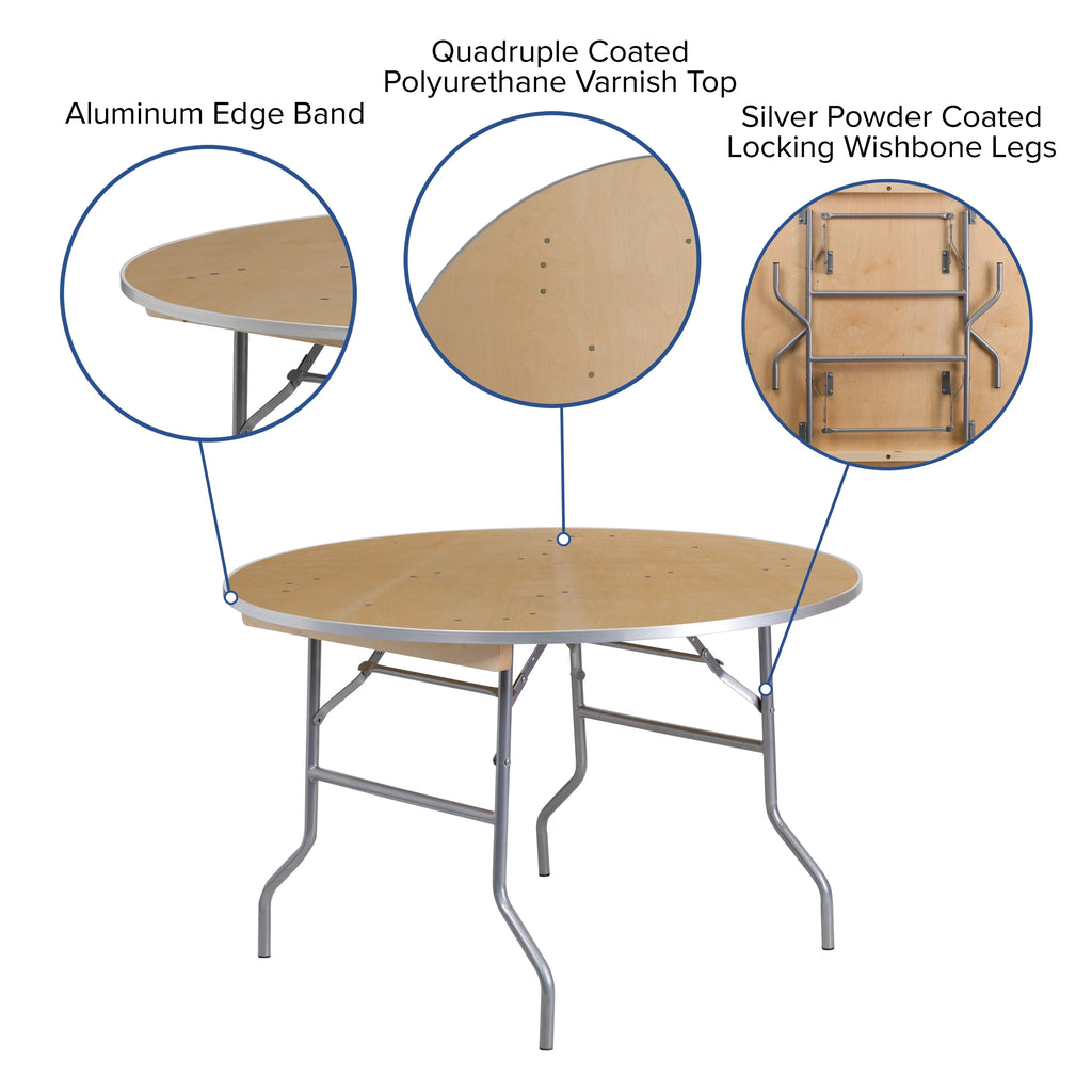 4-Foot Round Heavy Duty Birchwood Folding Banquet Table Y65661