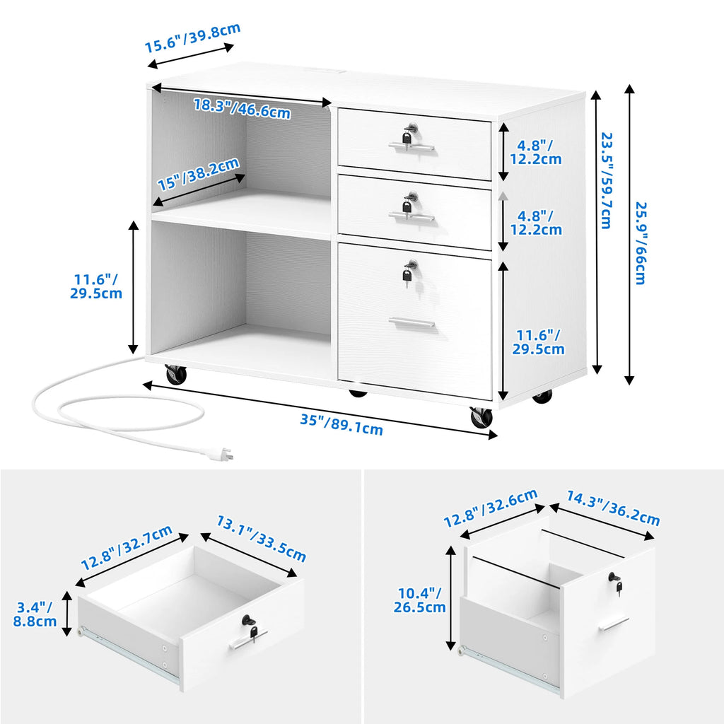 White 3 Drawer File Cabinet with Charging Station D92366