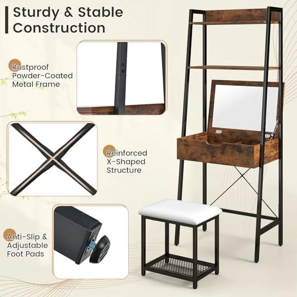 Vanity Table Set with Flip Top Mirror and Cushioned Stool S5761