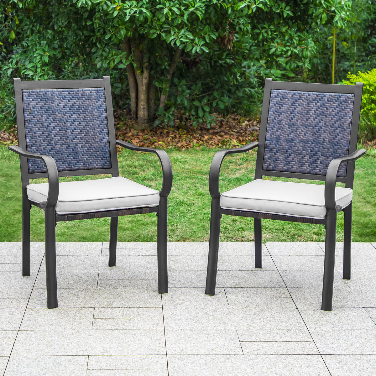 2-Piece Patio Rattan Wicker Armrest Chairs with Beige Cushion P504