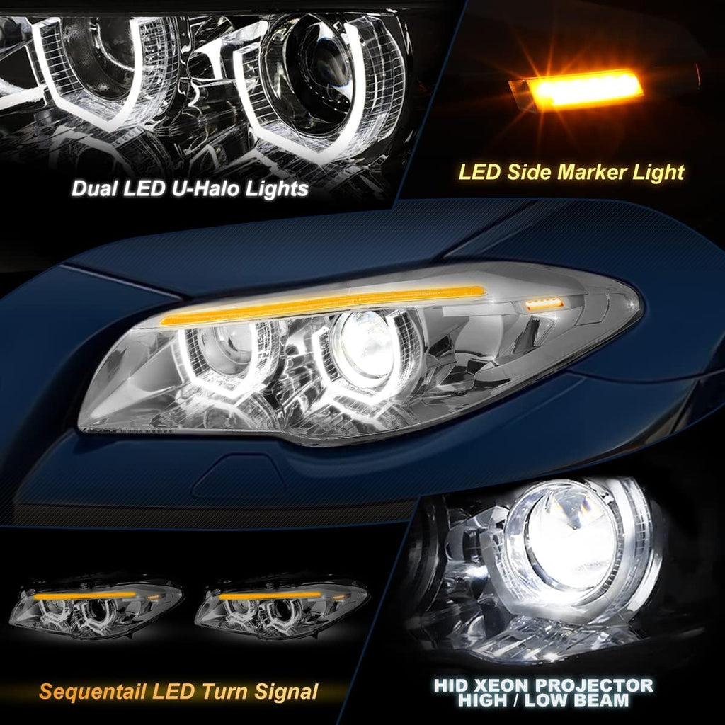 Sequential Turn Signal LED Halo Projector Headlights Assembly for BMW F10 11-13, Chrome Housing, Clear Lens A7504