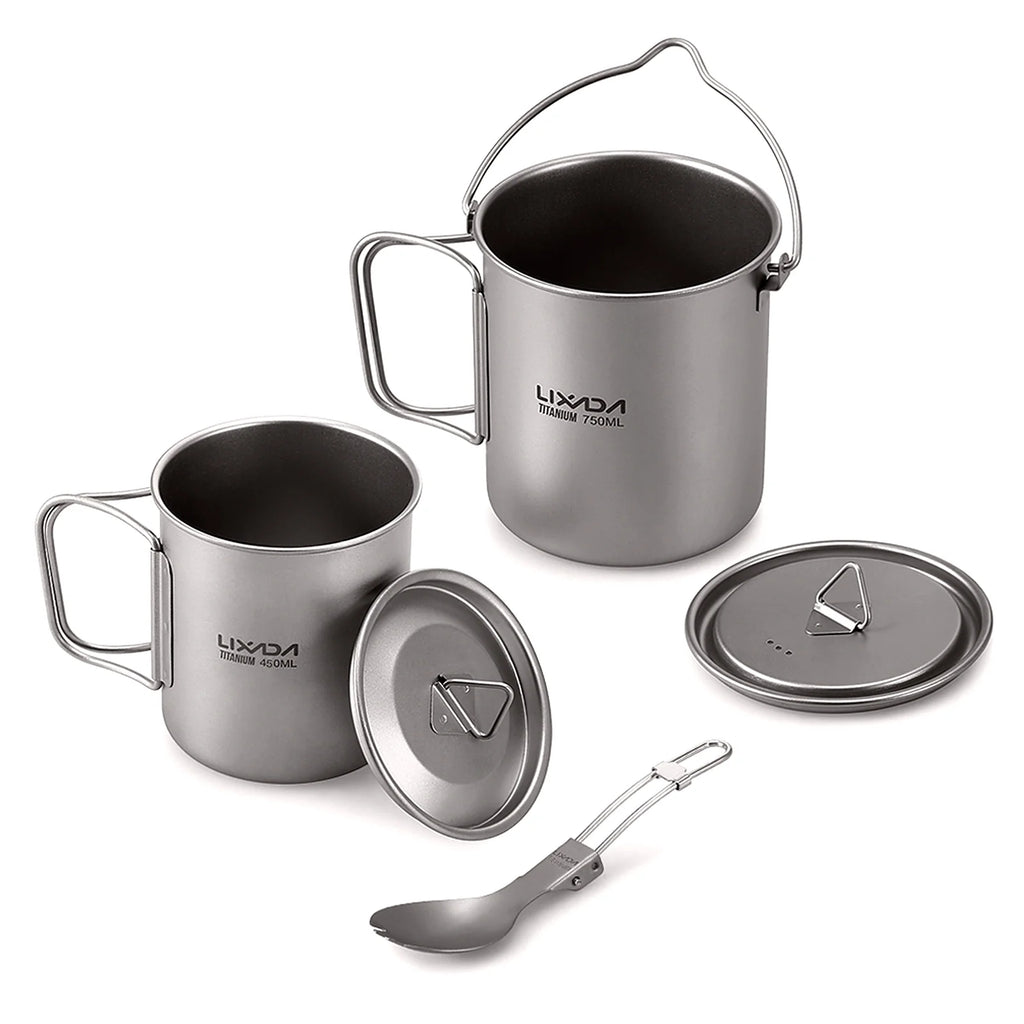 Titanium 3 Pieces Set 750ml Pot 450ml Cup with Lid Folding Spork R811