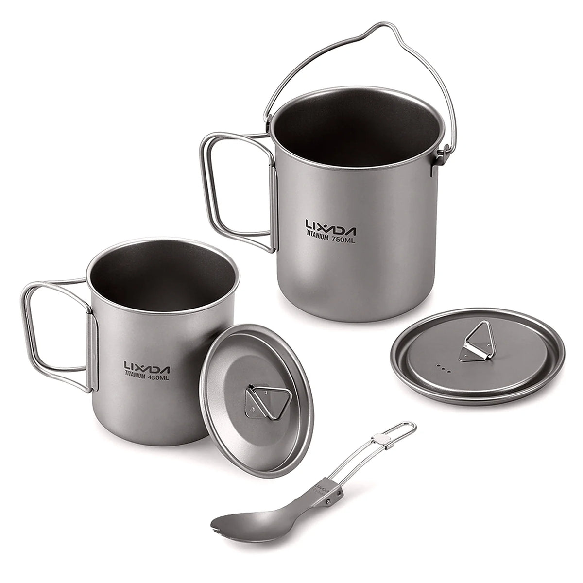 Titanium 3 Pieces Set 750ml Pot 450ml Cup with Lid Folding Spork R811