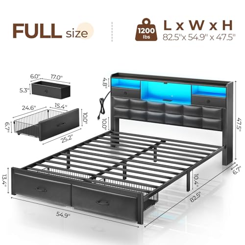 Black Full Size Upholstered Platform Bed Frame with Drawers and Storage Headboard F10228