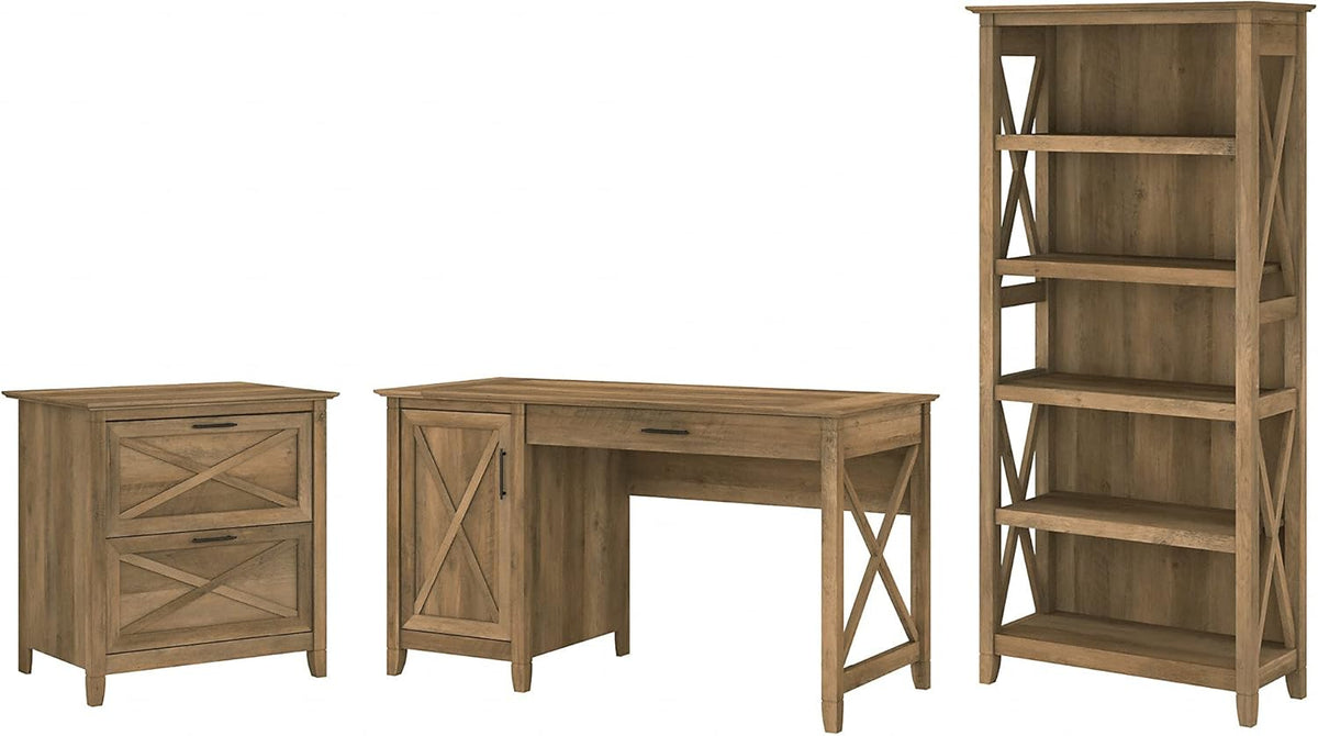 54W Reclaimed Pine Computer Desk with 2 Drawer File Cabinet and 5 Shelf Bookcase N9890