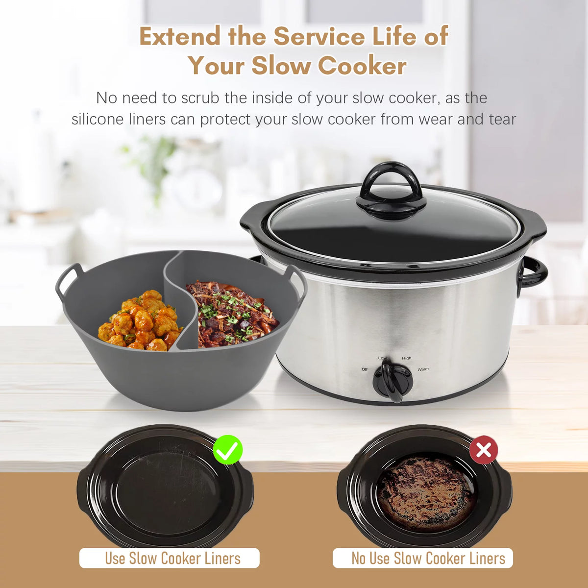 Slow Cooker Liners, Silicone, Reusable, Leakproof, Dishwasher Safe, 2pcs V890