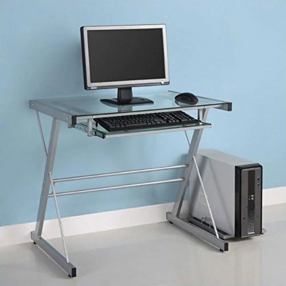 Small Work from Home Office Laptop Computer Desk with Glass Top in Silver P77178