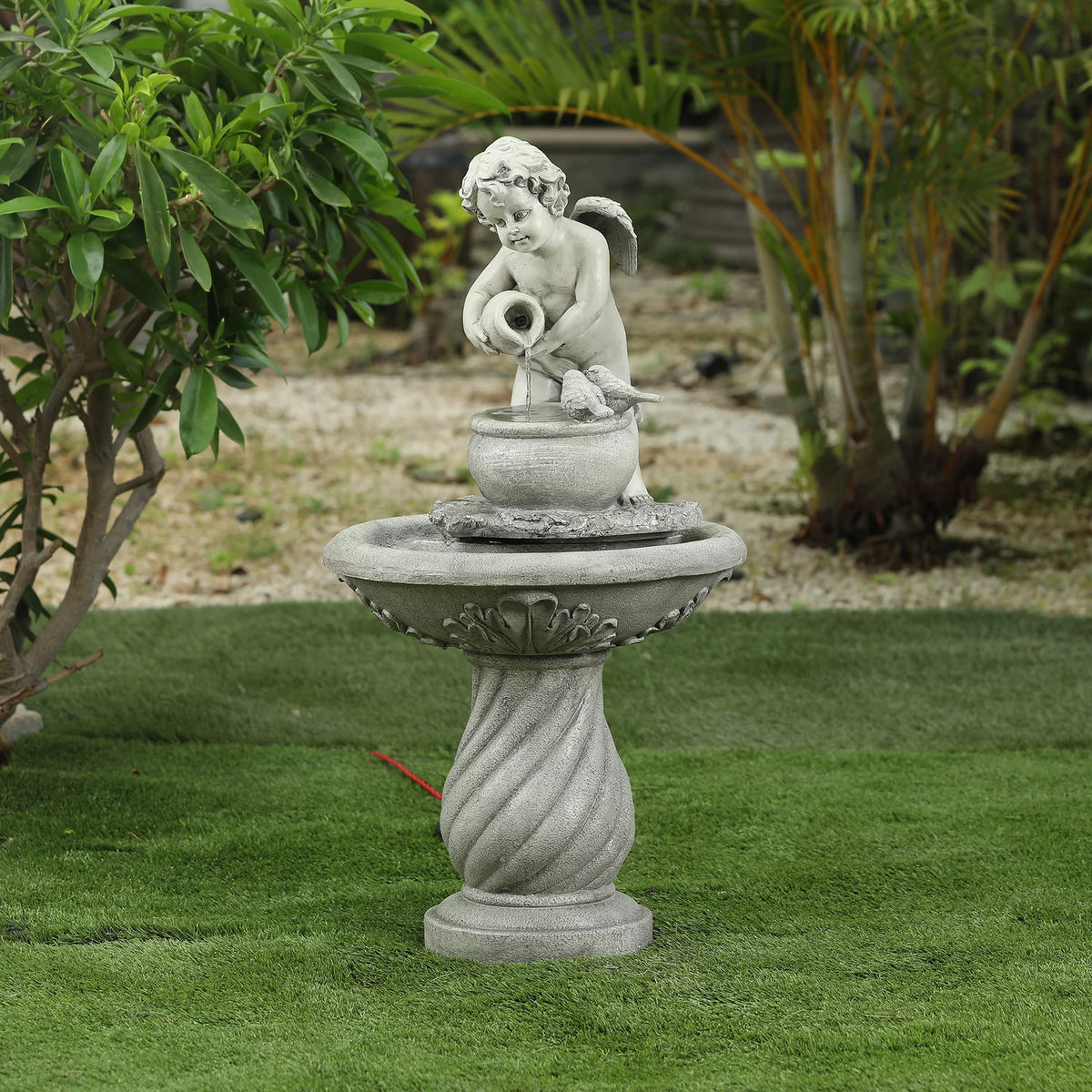 Gray Resin Cherub Birdbath Fountain C170