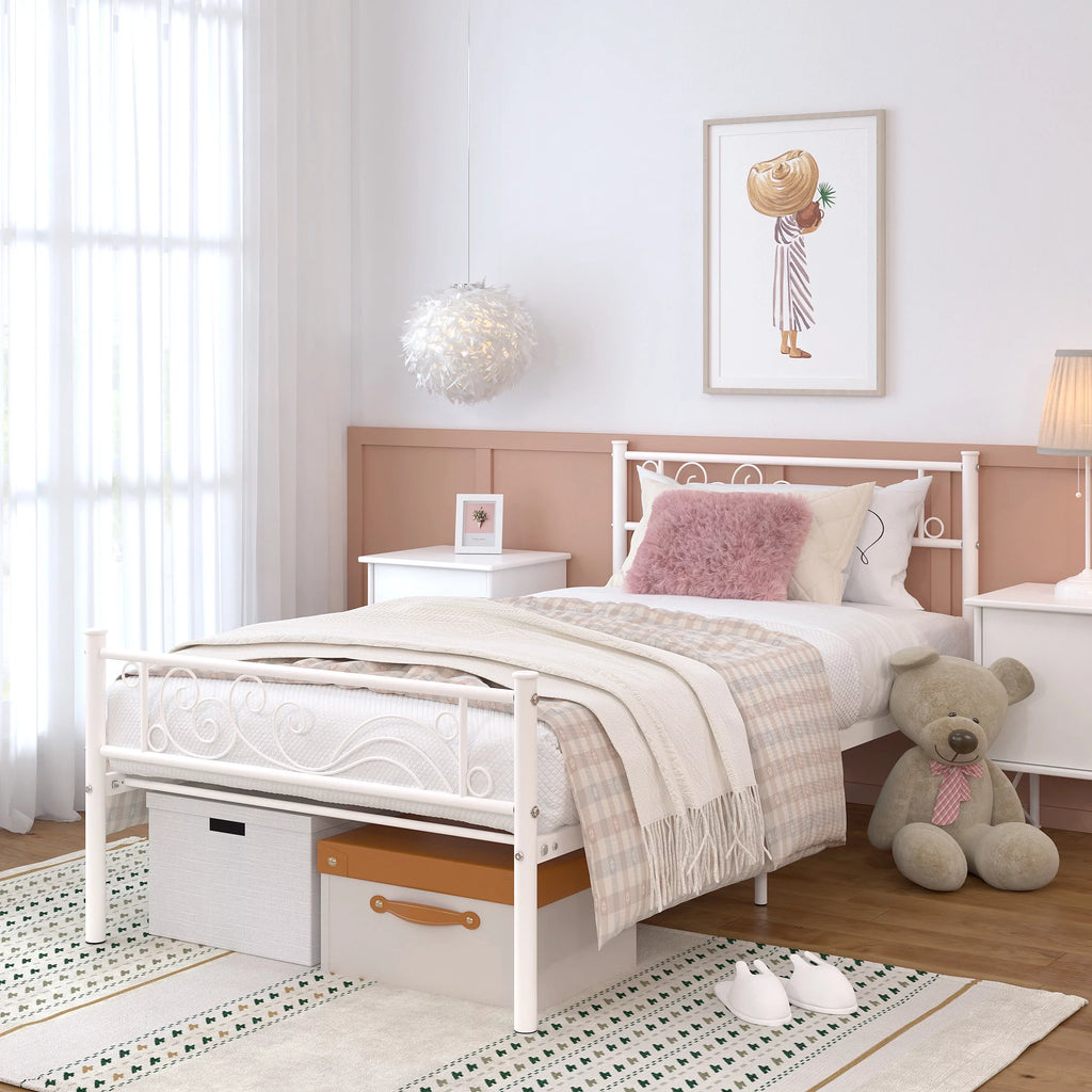 White Twin Size Metal Platform Bed Frame with Wave Headboard B5207
