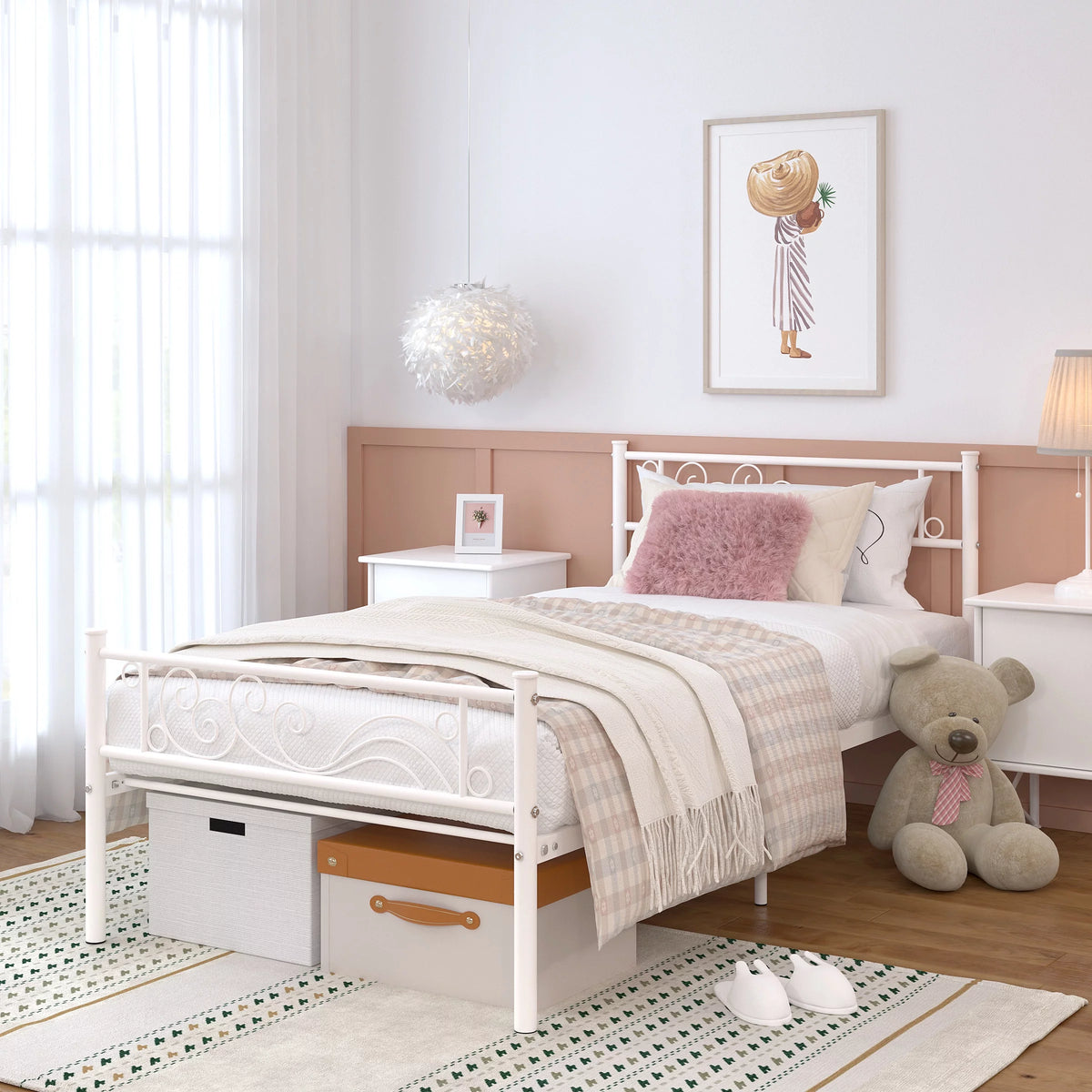 White Twin Size Metal Platform Bed Frame with Wave Headboard B5207