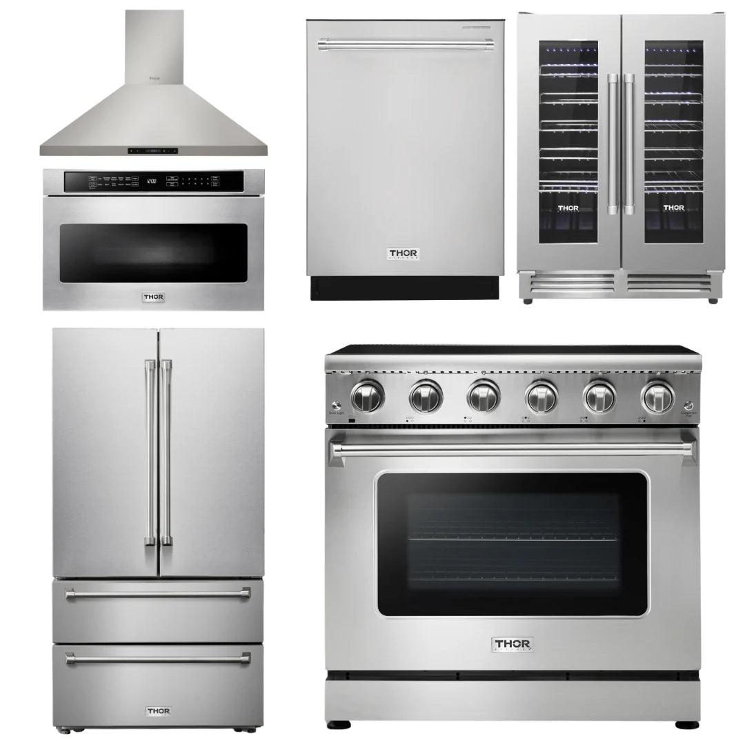 36 Electric Range, Range Hood, Microwave, Refrigerator, Dishwasher, Wine Cooler U8117