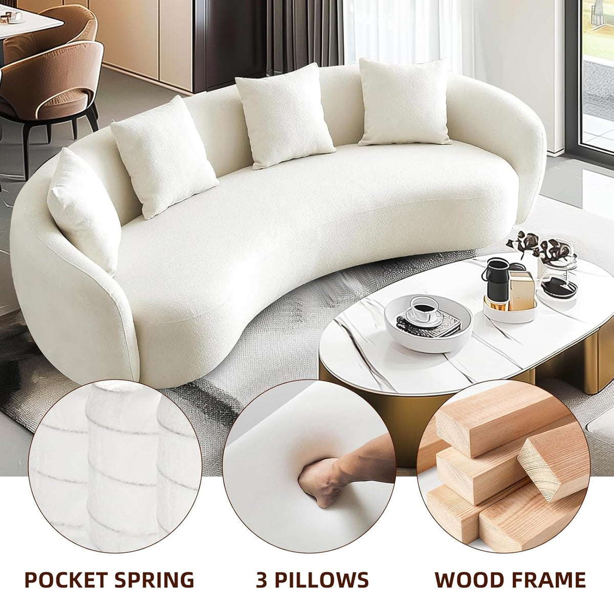 Teddy Fabric Curved Half Moon Sectional 4-Seat Sofa Couch with 4 Throw Pillows Y128