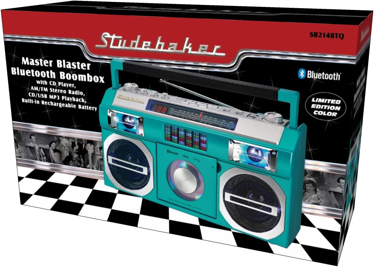Vintage Turquoise Bluetooth Boombox with CD/MP3 Player, AM/FM, USB P82304