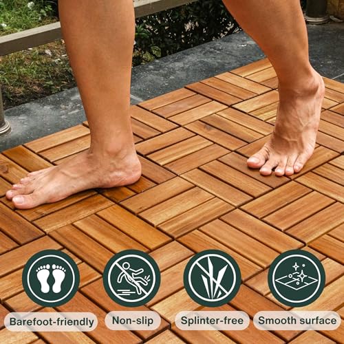 Acacia Wood Interlocking Deck Tile 10 Sq Ft 12x12" Outdoor Waterproof Patio Tiles K219391