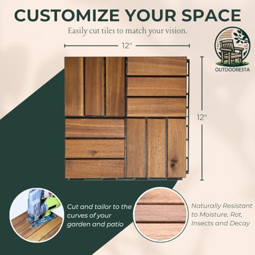 Acacia Wood Interlocking Deck Tile 10 Sq Ft 12x12" Outdoor Waterproof Patio Tiles K219391