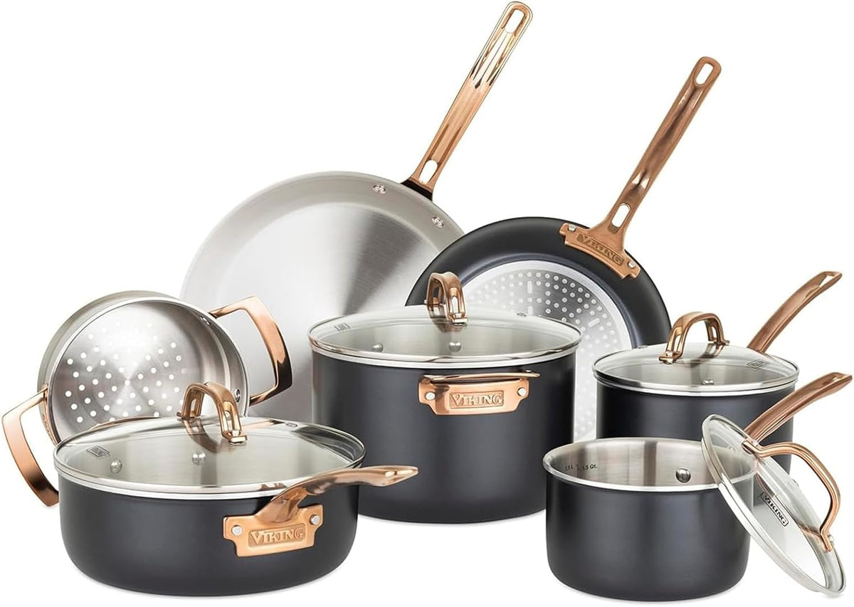 11 piece 3-Ply Black Copper Cookware Set with Glass Lids S763