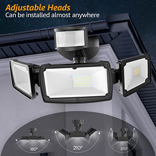 38W 4200LM 6000K IP65 Waterproof 3 Head LED Motion Sensor Flood Lights Black Q25246