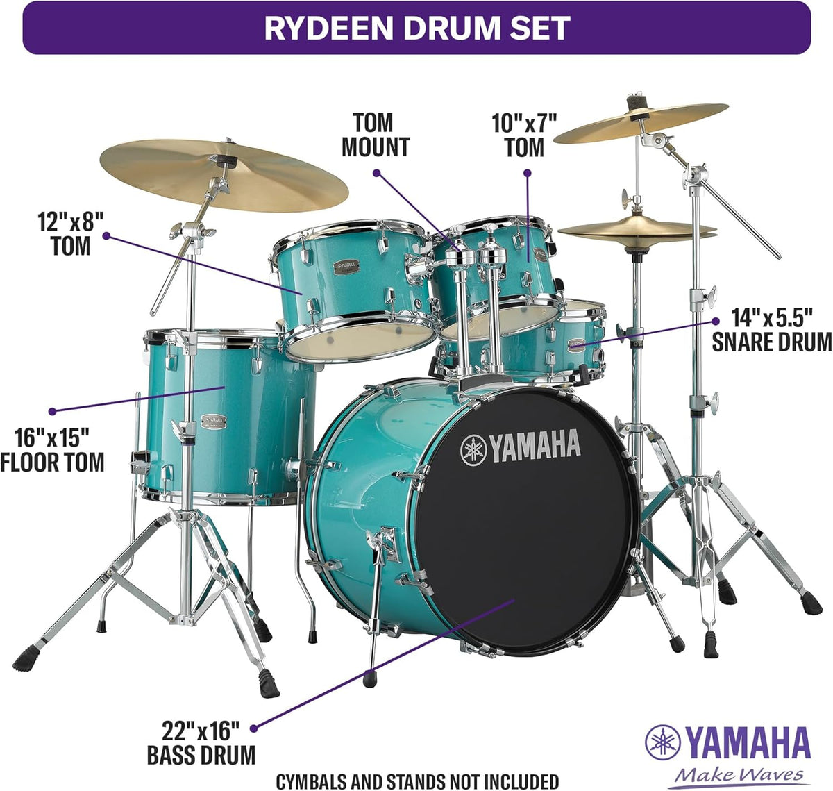 5-Piece Drum Set with 22" Bass Drum, Floor Tom, 2 Toms, Wood Snare Drum, Turquoise Glitter X986156