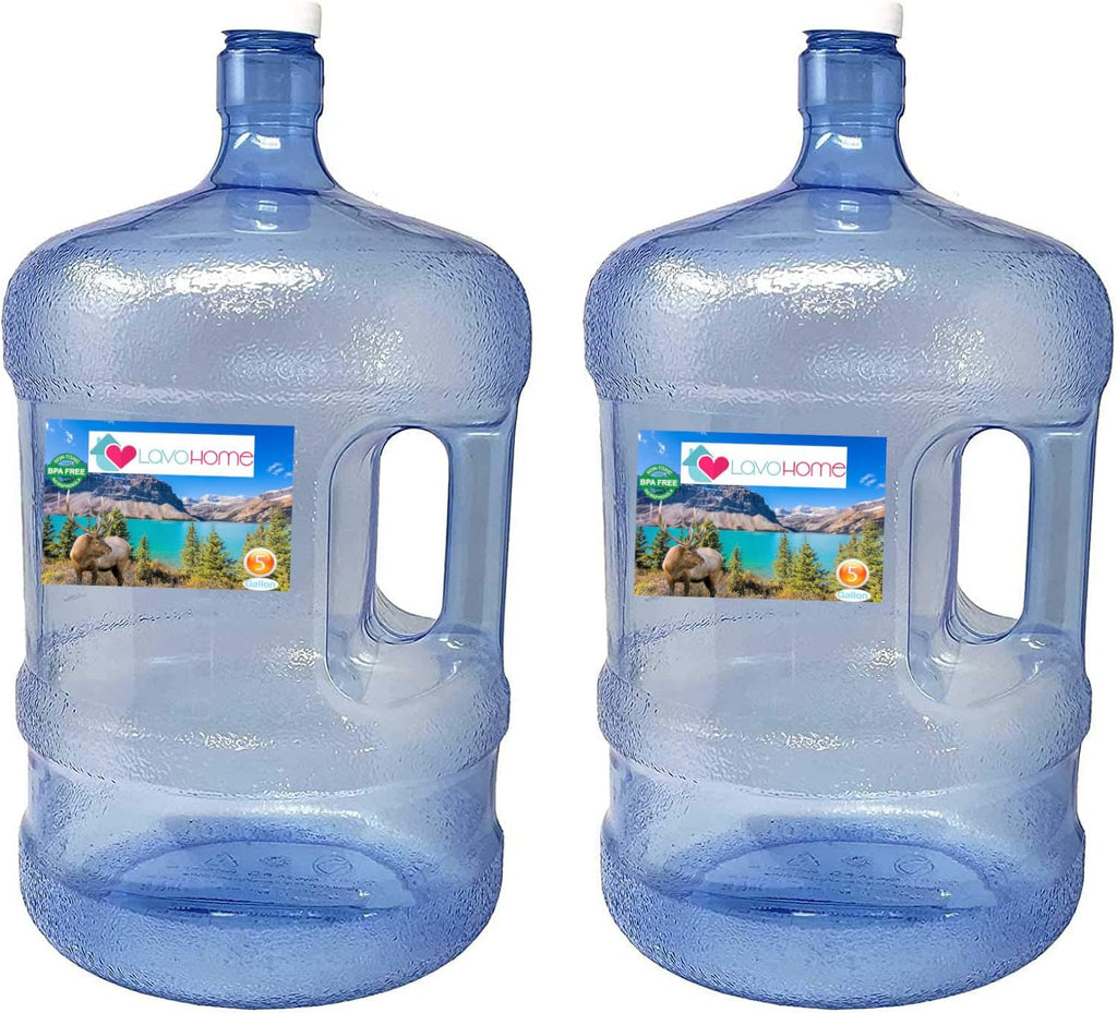 2 Pack 5 Gallon Plastic Water Bottle Container with Cap & Carrying Handle C332482