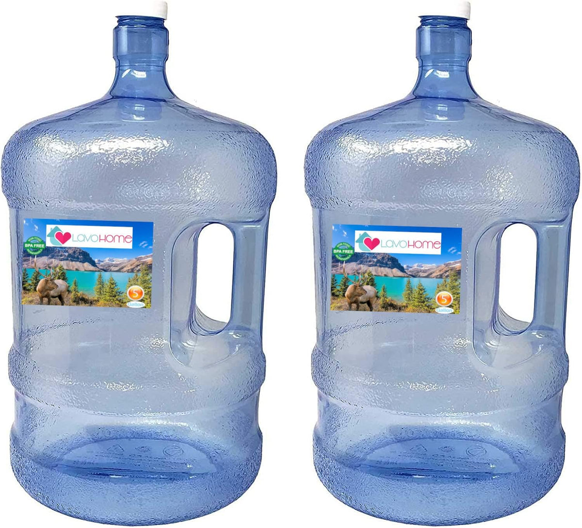 2 Pack 5 Gallon Plastic Water Bottle Container with Cap & Carrying Handle C332482