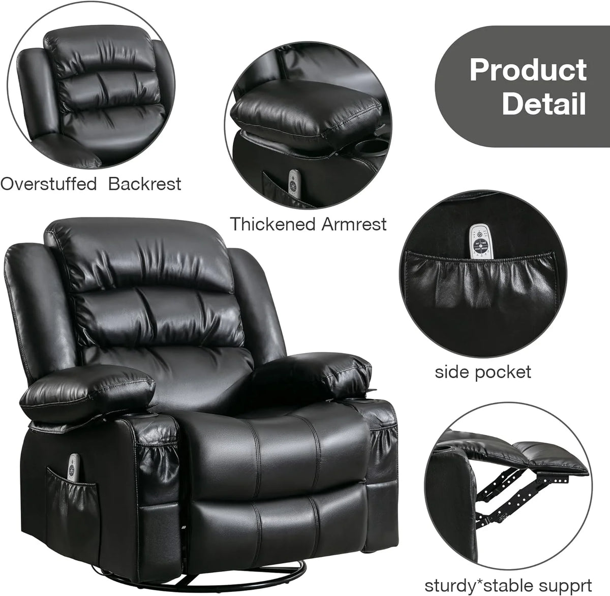 Black Power Recliner with Heat and Massage E90115