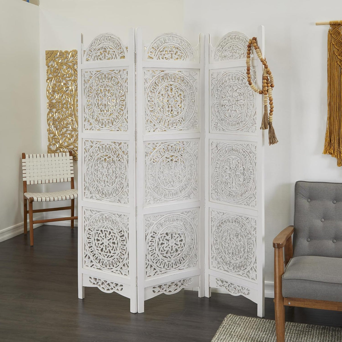 White 3 Panel Wood Room Divider Screen K117534