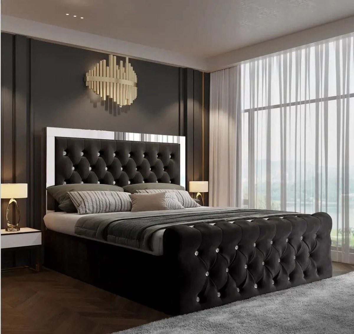Crystal Velvet Upholstered Headboard with Mirror E5309