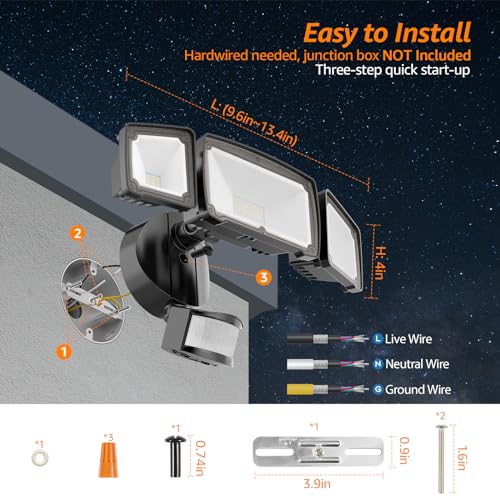 38W 4200LM 6000K IP65 Waterproof 3 Head LED Motion Sensor Flood Lights Black Q25246