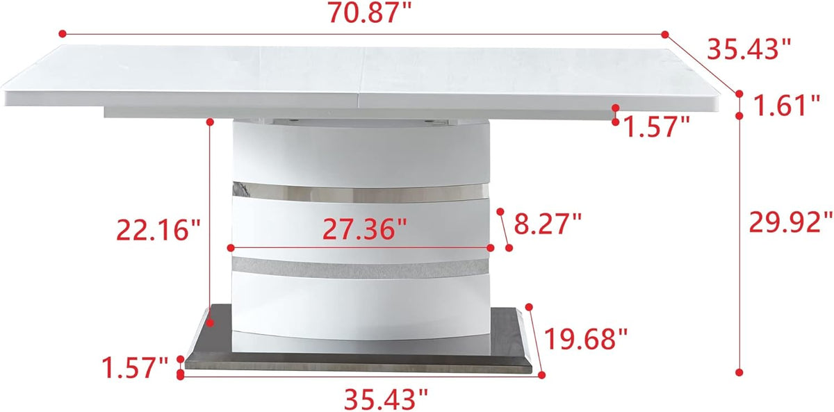 Extendable Dining Table with Butterfly Leaf, White High Gloss Lacquer MDF Base, Stainless Steel, 8 to 12 Person W801860
