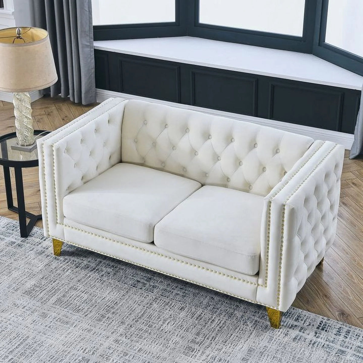 Beige Velvet 2 Seater Tufted Sofa G78590