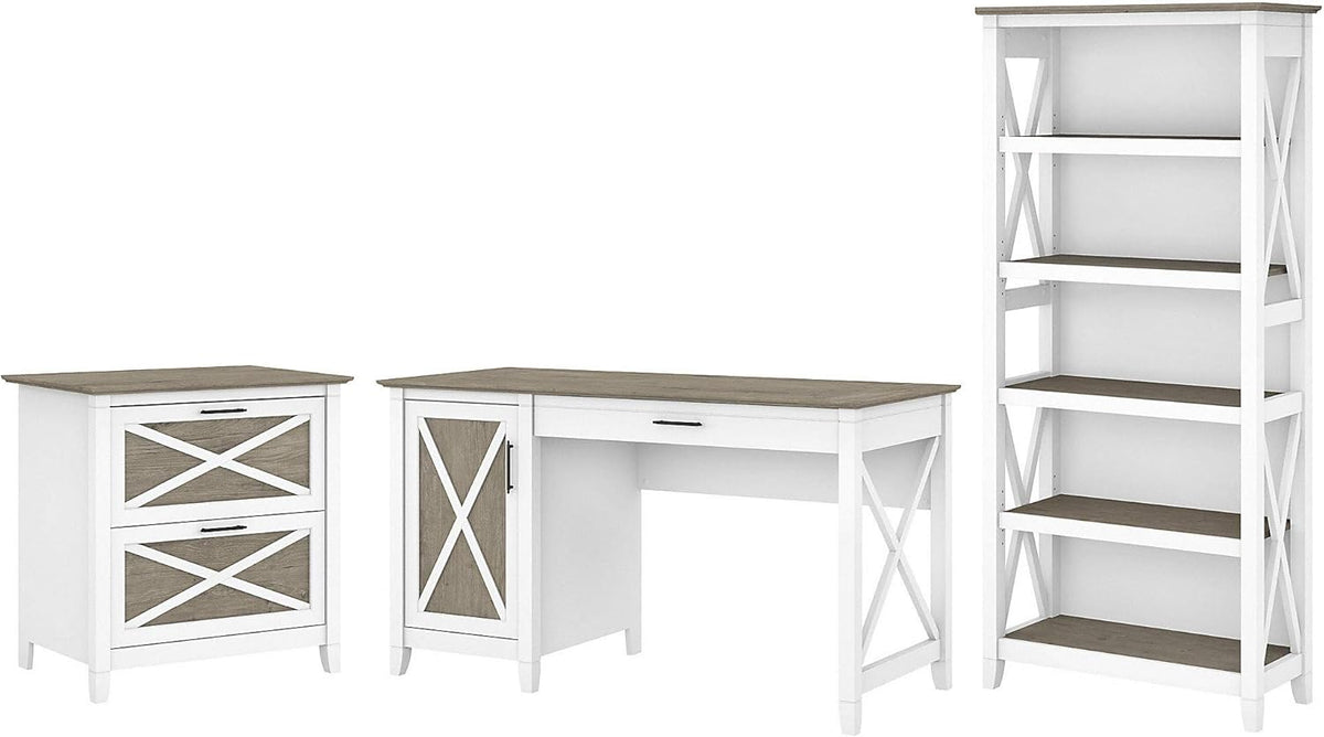 54W Reclaimed Pine Computer Desk with 2 Drawer File Cabinet and 5 Shelf Bookcase N9890