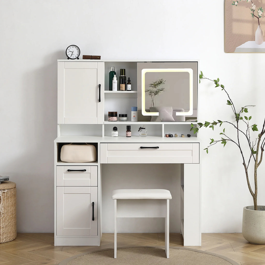 White Vanity Table with Lighted Mirror and Stool E102274