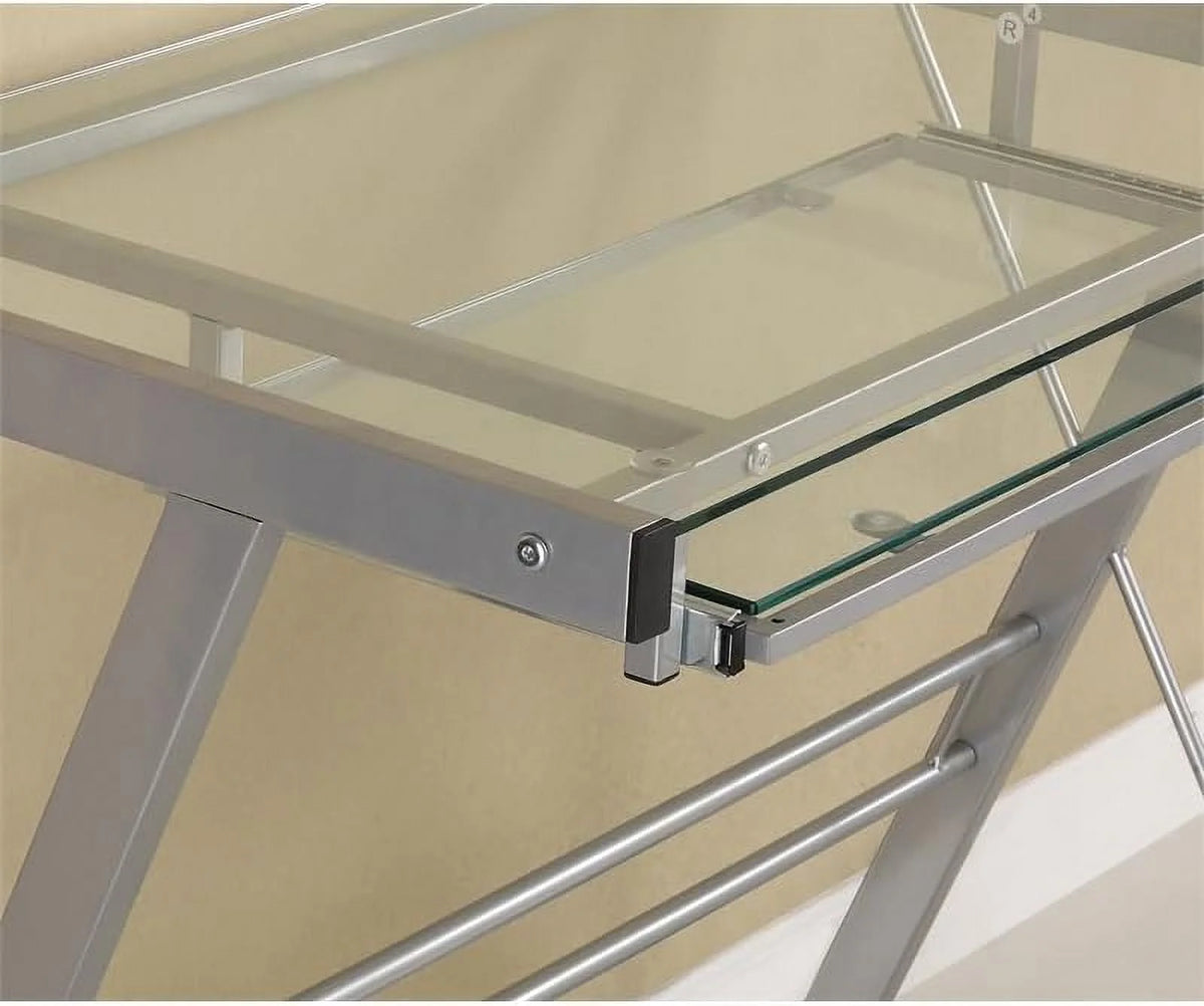 Small Work from Home Office Laptop Computer Desk with Glass Top in Silver P77178