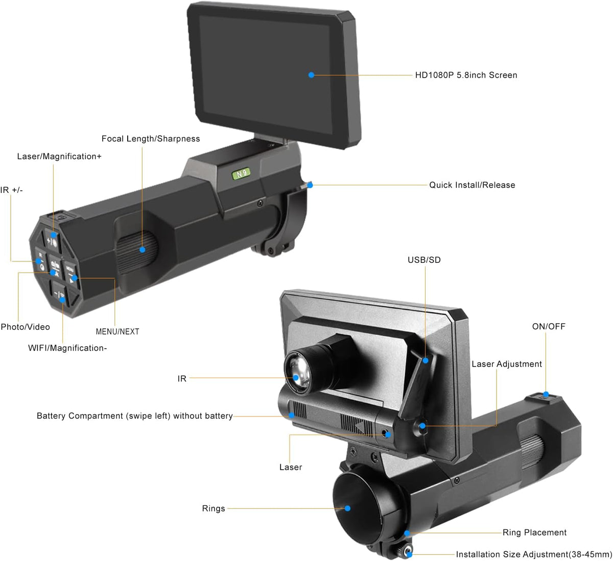 DIY Digital Night Vision Scope with Camera and 5.8 1080P HD Display Screen C60810