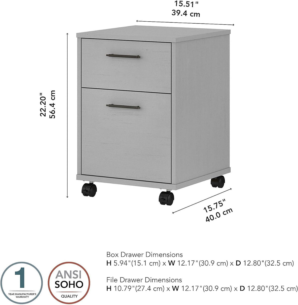 2 Drawer Mobile File Cabinet, Cape Cod Gray H818141