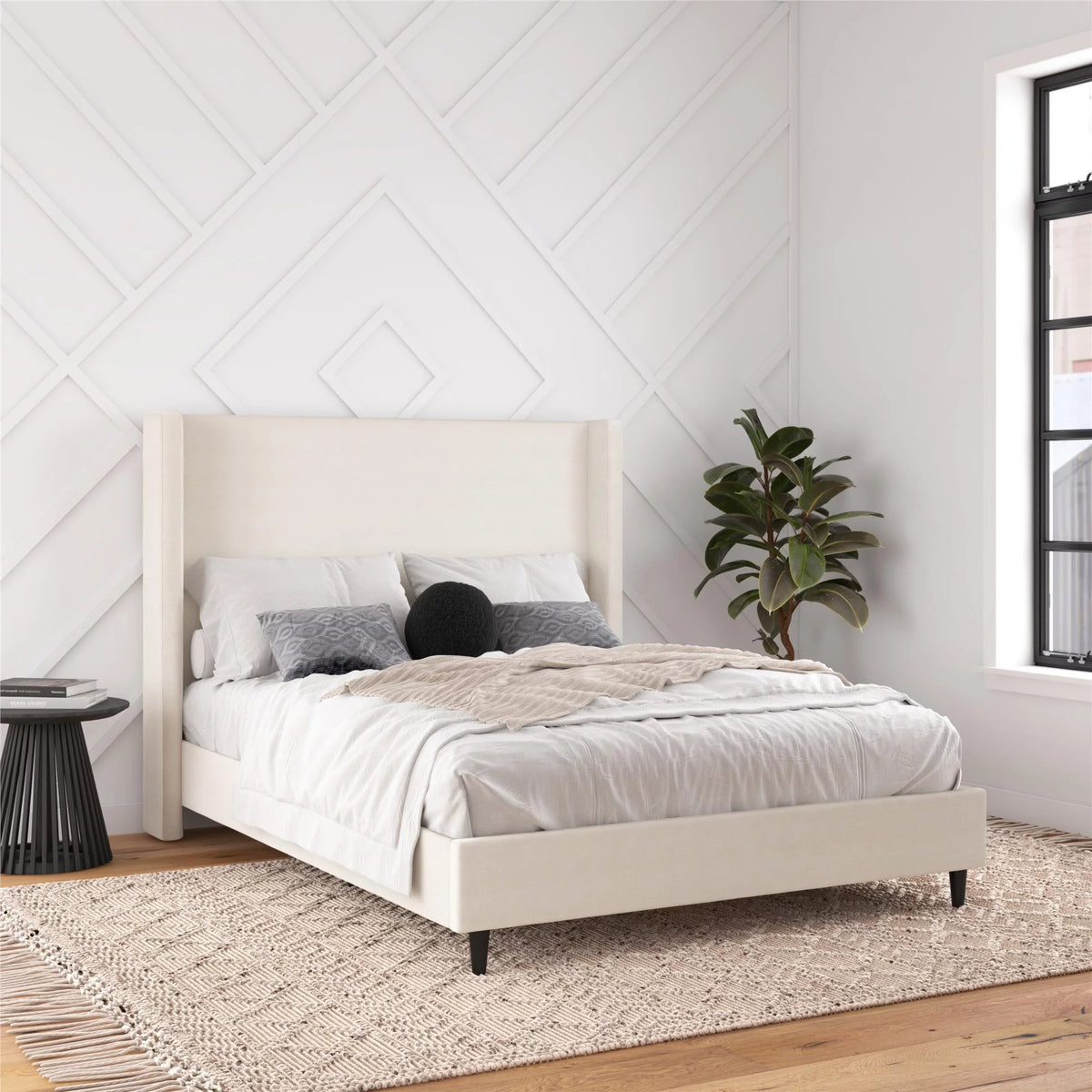 Queen Upholstered Platform Bed Frame with Wingback Headboard S7796
