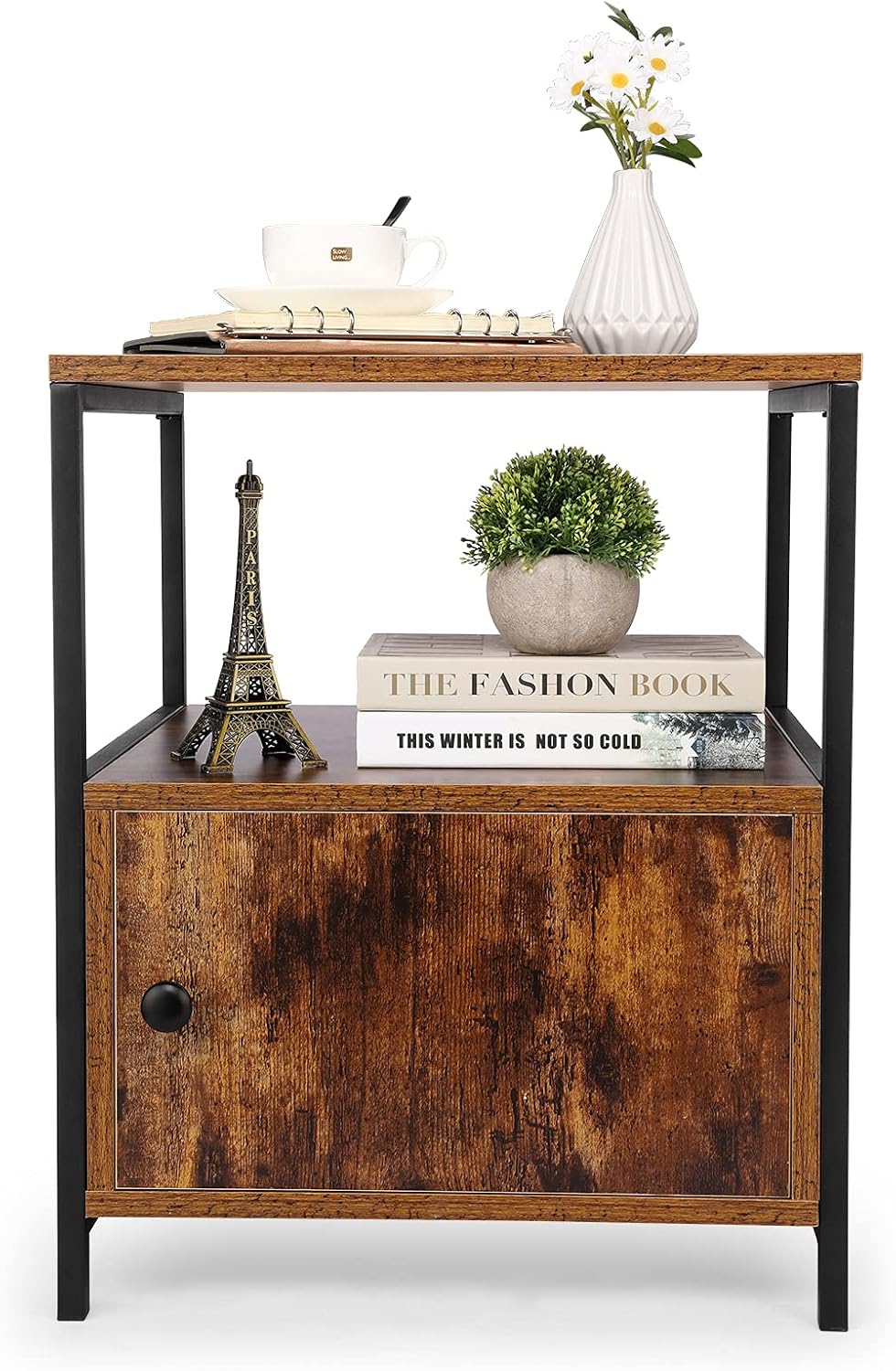 Black 3-Tier Wooden Nightstand with Storage Cabinet and Open Shelf X23097