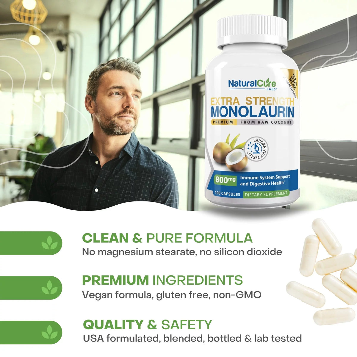 800mg Monolaurin Capsules 100 Count Vegan Non-GMO Gluten Free Supplement W9226