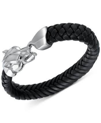 Sterling Silver Leather Panther Head Bracelet H699102