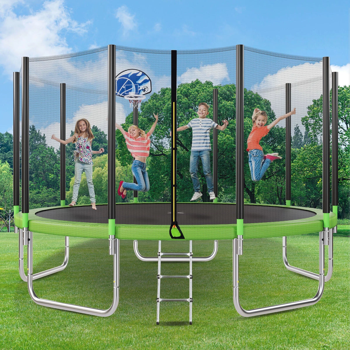 14FT Trampoline with Basketball Hoop and Safety Net X730393