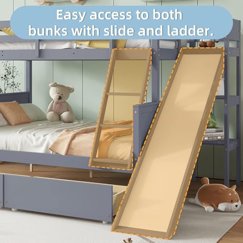 Twin Over Full Wood Bunk Bed with Slide and Storage Drawers H79311