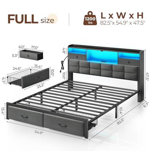 Black Full Size Upholstered Platform Bed Frame with Drawers and Storage Headboard F10228
