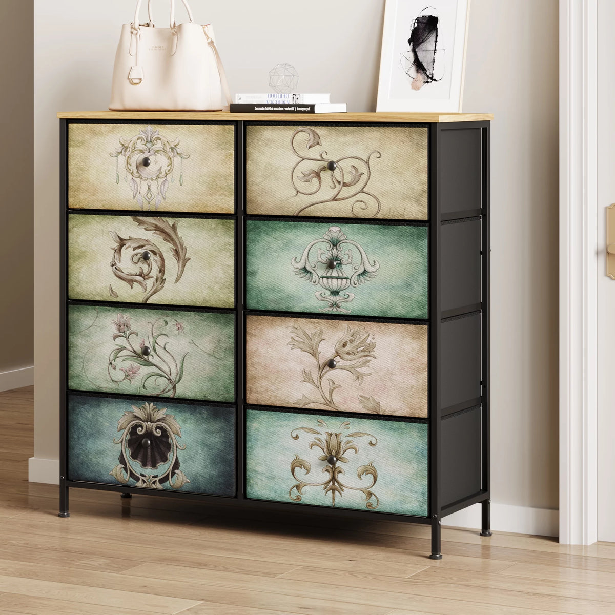 9 Drawer Dresser with Steel Frame Wooden Top P5477
