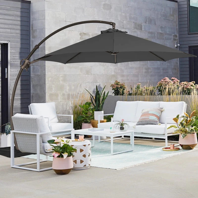 11ft Curvy Cantilever Offset Hanging Patio Umbrella with Base, Beige C21906