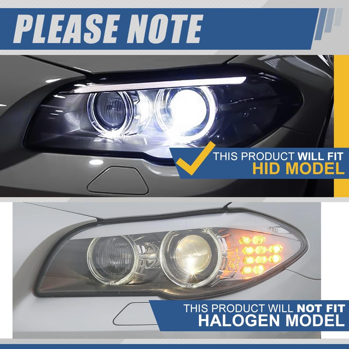 Sequential Turn Signal LED Halo Projector Headlights Assembly for BMW F10 11-13, Chrome Housing, Clear Lens A7504