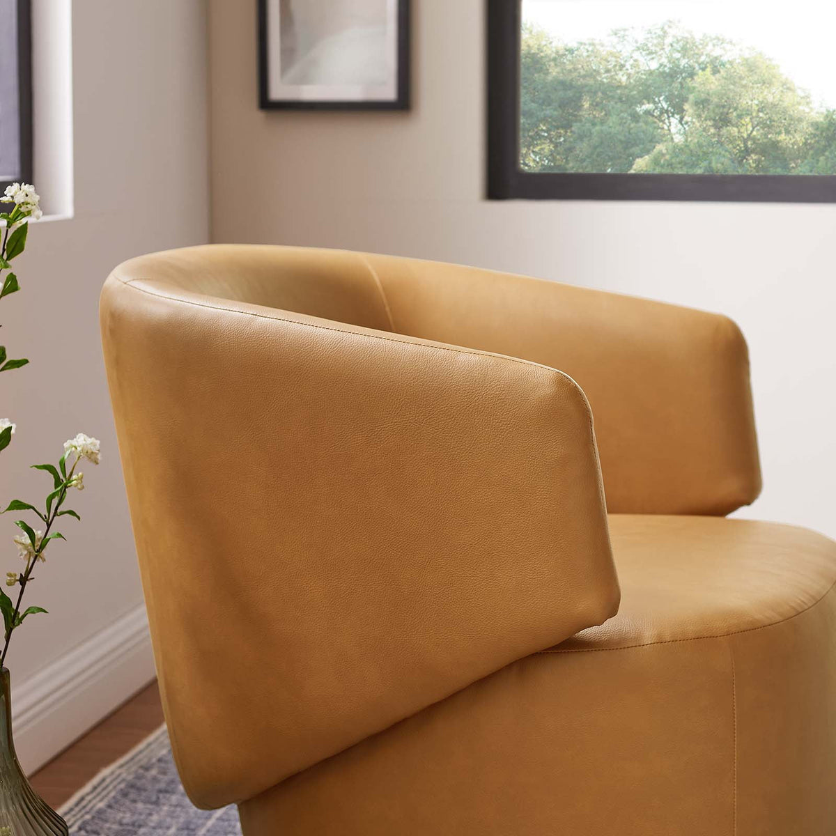 Tan Vegan Leather Fabric and Wood Swivel Chair D959154