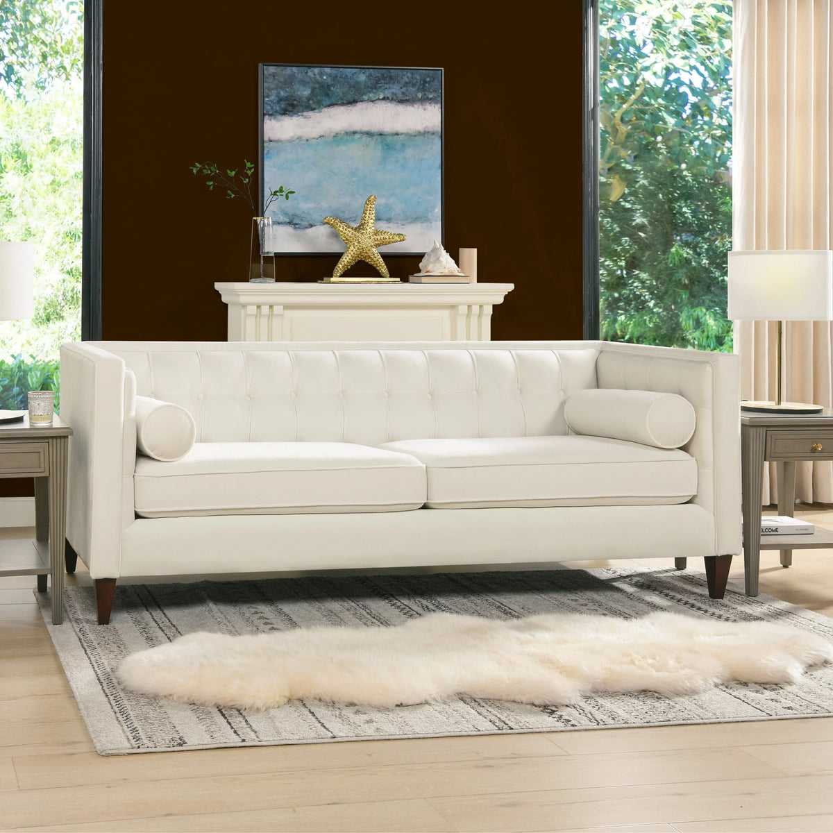 84" Tufted Tuxedo Sofa Cloud White Performance Velvet Q502