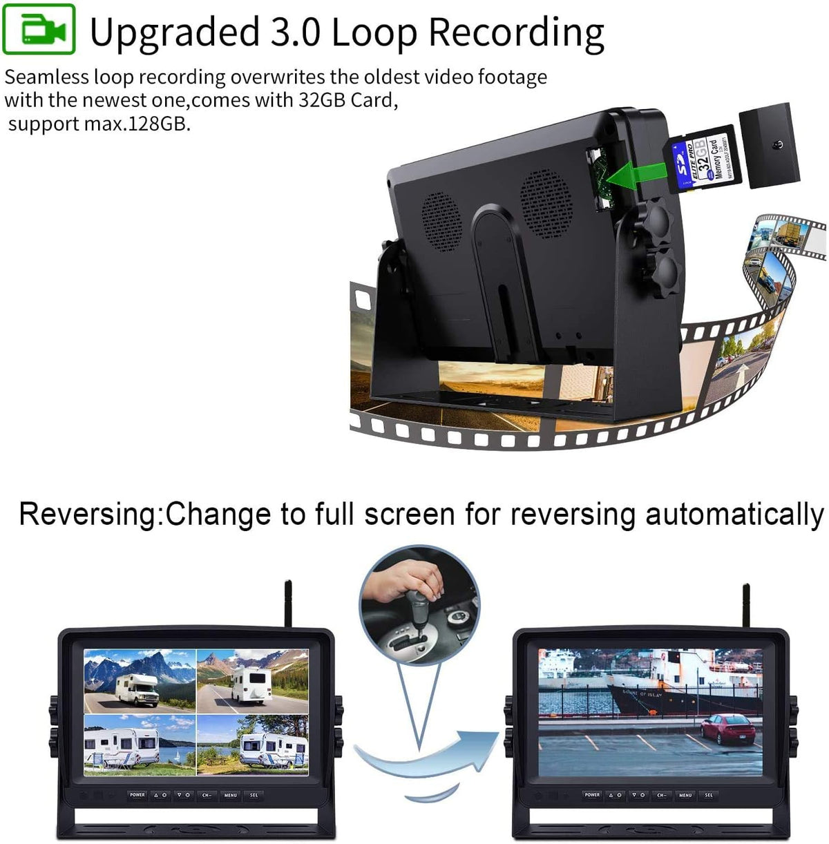 Wireless Backup Camera System with 7'' Monitor and 4 Channels, Black X559