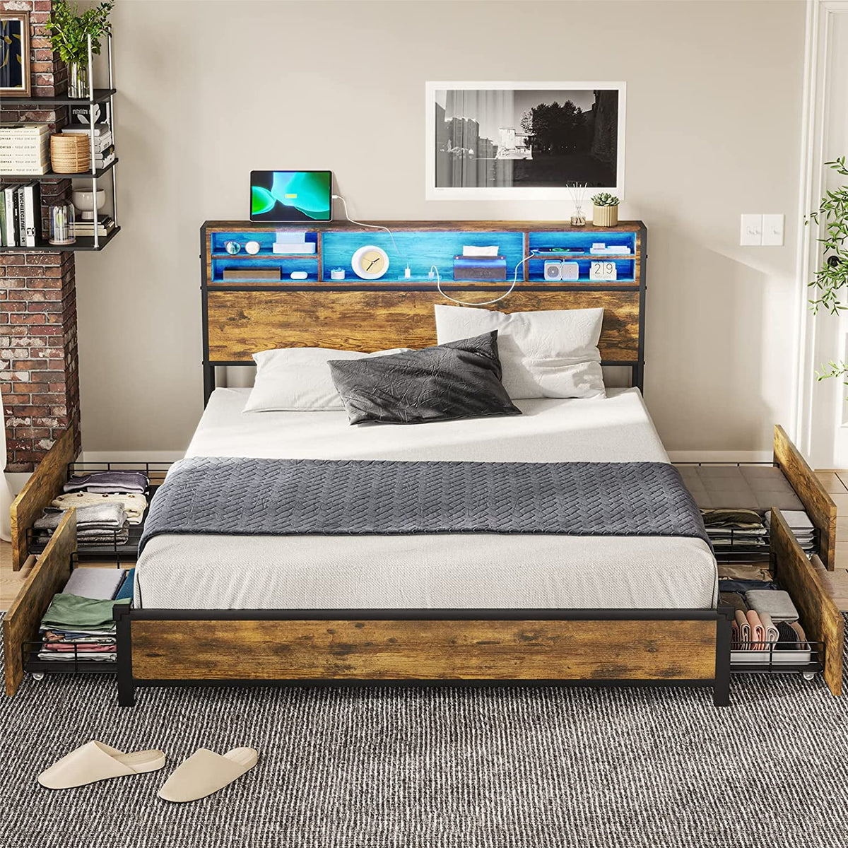 Queen Bed Frame with LED Lights Headboard & 4 Storage Drawers V2532